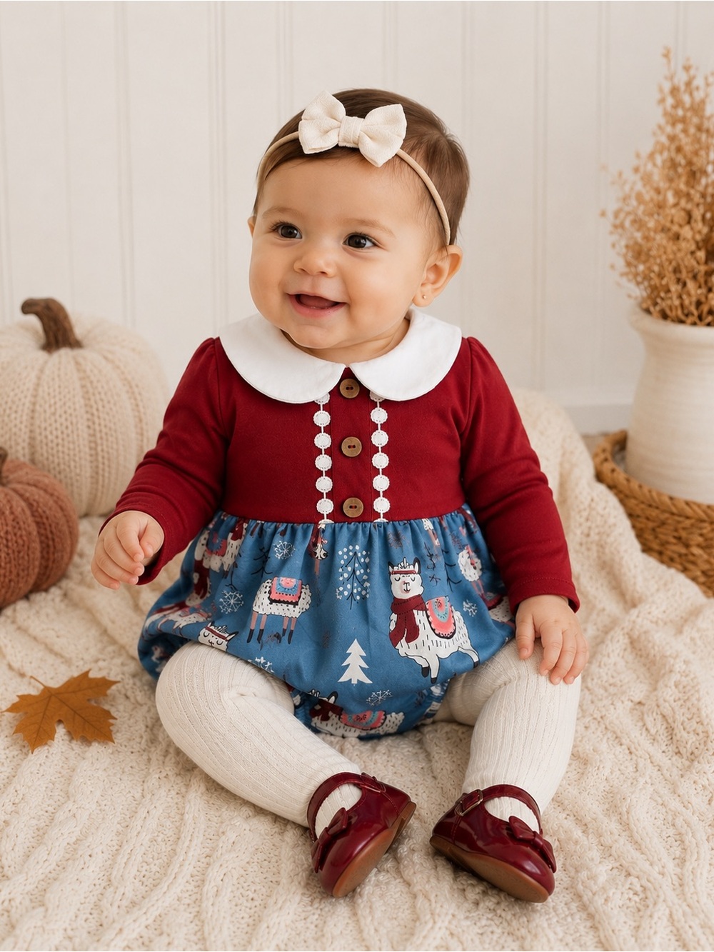 Marie Nicole Baby Girl Llama Winter Romper 6-12M Burgundy Blue NWT